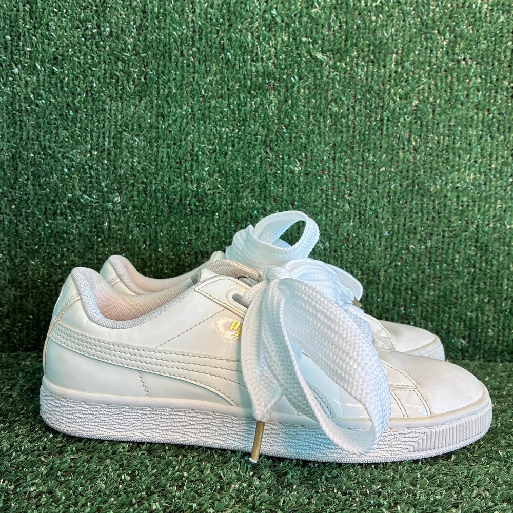 Puma Basket Heart Patent Leather Ribbon Bow Fashion Sneakers White Womens Size 8